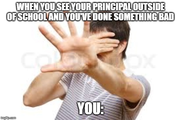 Hide | WHEN YOU SEE YOUR PRINCIPAL OUTSIDE OF SCHOOL AND YOU'VE DONE SOMETHING BAD; YOU: | image tagged in teacher,hide and seek,memes | made w/ Imgflip meme maker