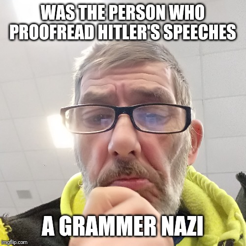 Pondering Bert | WAS THE PERSON WHO PROOFREAD HITLER'S SPEECHES; A GRAMMER NAZI | image tagged in pondering bert | made w/ Imgflip meme maker