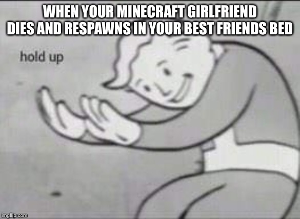Fallout Hold Up | WHEN YOUR MINECRAFT GIRLFRIEND DIES AND RESPAWNS IN YOUR BEST FRIENDS BED | image tagged in fallout hold up | made w/ Imgflip meme maker