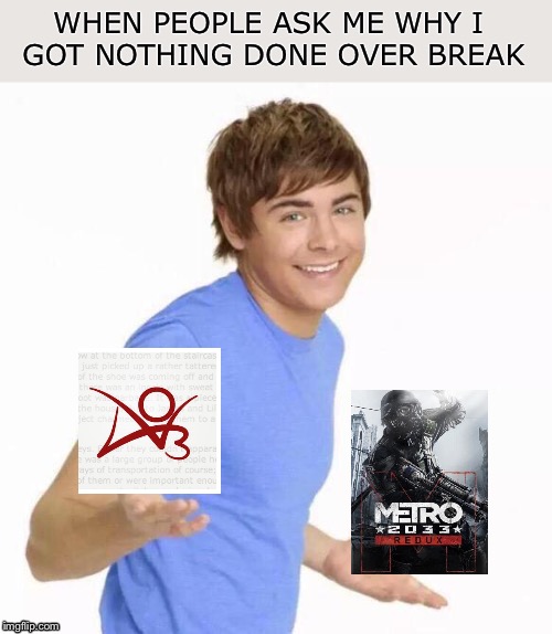 My Thanksgiving Break Was Fun | WHEN PEOPLE ASK ME WHY I 
GOT NOTHING DONE OVER BREAK | image tagged in zac efron shrug,metro 2033,thanksgiving,fanfiction,video games,meme | made w/ Imgflip meme maker