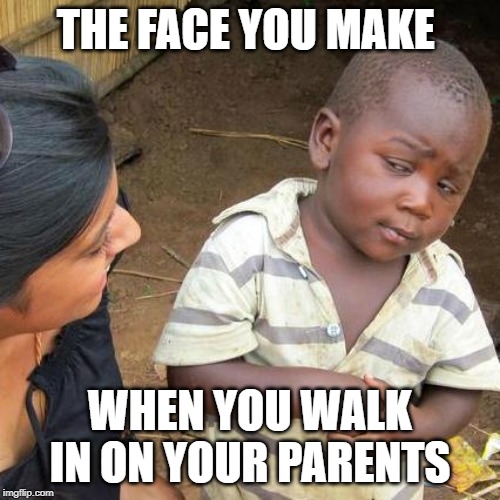 Third World Skeptical Kid | THE FACE YOU MAKE; WHEN YOU WALK IN ON YOUR PARENTS | image tagged in memes,third world skeptical kid | made w/ Imgflip meme maker