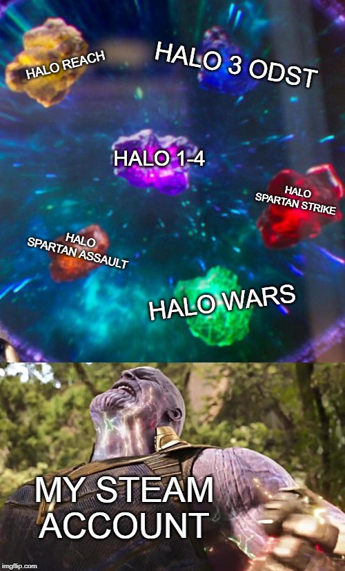Thanos Infinity Stones | HALO 3 ODST; HALO REACH; HALO 1-4; HALO SPARTAN STRIKE; HALO WARS; HALO SPARTAN ASSAULT; MY STEAM ACCOUNT | image tagged in thanos infinity stones | made w/ Imgflip meme maker