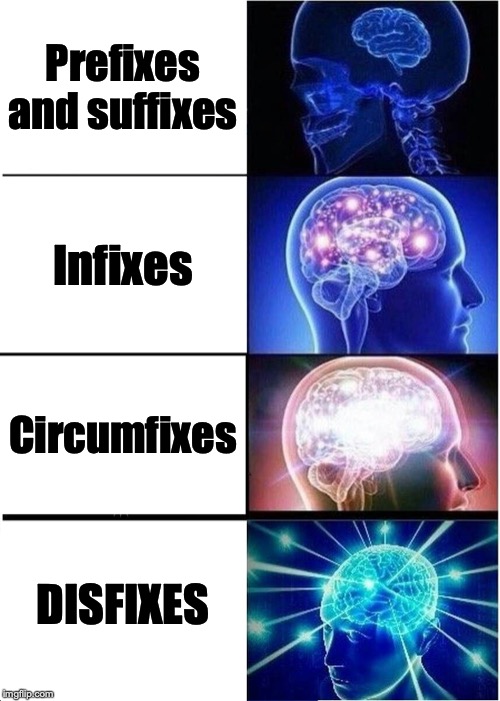 Expanding Brain Meme | Prefixes and suffixes; Infixes; Circumfixes; DISFIXES | image tagged in memes,expanding brain | made w/ Imgflip meme maker