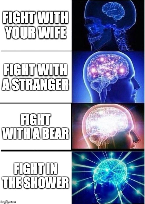Expanding Brain | FIGHT WITH YOUR WIFE; FIGHT WITH A STRANGER; FIGHT WITH A BEAR; FIGHT IN THE SHOWER | image tagged in memes,expanding brain | made w/ Imgflip meme maker