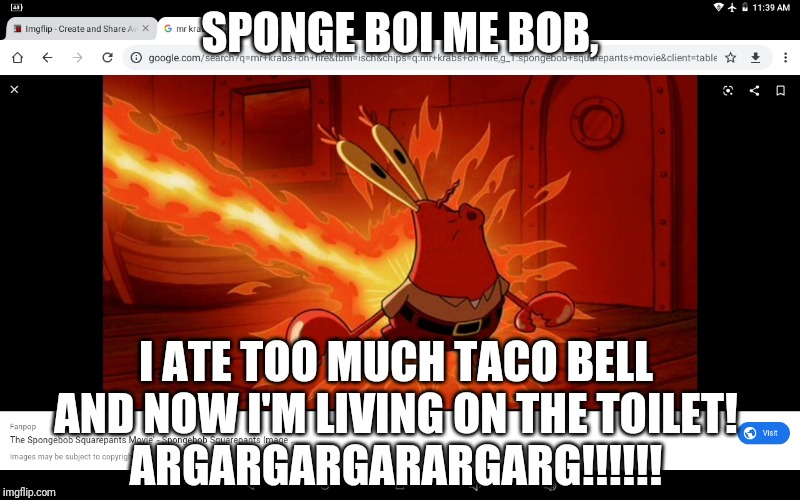 Eat Tacos With Caution | SPONGE BOI ME BOB, I ATE TOO MUCH TACO BELL AND NOW I'M LIVING ON THE TOILET!
ARGARGARGARARGARG!!!!!! | image tagged in mr krabs' ass on fire | made w/ Imgflip meme maker