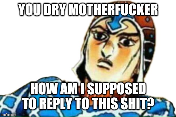Mista staring at you menacingly | YOU DRY MOTHERFUCKER; HOW AM I SUPPOSED TO REPLY TO THIS SHIT? | image tagged in mista staring at you menacingly | made w/ Imgflip meme maker