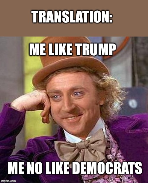 What a lot of wordy Trumpist arguments boil down to when you really strip away the nonsense. | TRANSLATION:; ME LIKE TRUMP; ME NO LIKE DEMOCRATS | image tagged in memes,creepy condescending wonka,donald trump,debate,politics,political meme | made w/ Imgflip meme maker