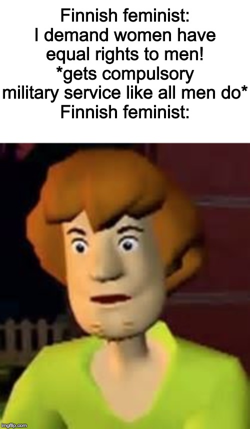Up√0†ing ge†5 ¥0u p0in†5! | Finnish feminist: I demand women have equal rights to men!
*gets compulsory military service like all men do*
Finnish feminist: | image tagged in surprised shaggy,funny,memes,politics | made w/ Imgflip meme maker
