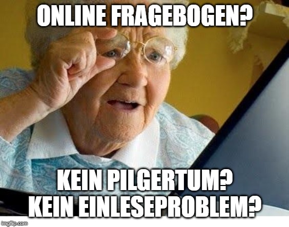 old lady at computer | ONLINE FRAGEBOGEN? KEIN PILGERTUM? KEIN EINLESEPROBLEM? | image tagged in old lady at computer | made w/ Imgflip meme maker