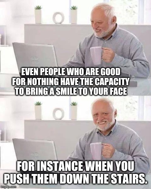 Hide the Pain Harold Meme | EVEN PEOPLE WHO ARE GOOD FOR NOTHING HAVE THE CAPACITY TO BRING A SMILE TO YOUR FACE; FOR INSTANCE WHEN YOU PUSH THEM DOWN THE STAIRS. | image tagged in memes,hide the pain harold | made w/ Imgflip meme maker
