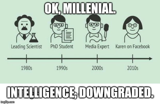Lack of Millenial Intelligence is Brilliance | OK, MILLENIAL. INTELLIGENCE, DOWNGRADED. | image tagged in special kind of stupid,snowflakes,dumbass,think about it,intelligence,college liberal | made w/ Imgflip meme maker