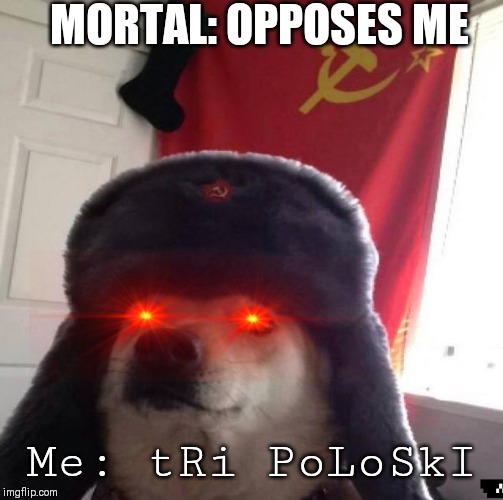 Russian Doge | MORTAL: OPPOSES ME; Me: tRi PoLoSkI | image tagged in russian doge | made w/ Imgflip meme maker