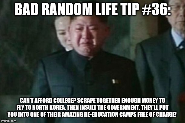 Kim Jong Un Sad Meme | BAD RANDOM LIFE TIP #36:; CAN’T AFFORD COLLEGE? SCRAPE TOGETHER ENOUGH MONEY TO FLY TO NORTH KOREA, THEN INSULT THE GOVERNMENT. THEY’LL PUT YOU INTO ONE OF THEIR AMAZING RE-EDUCATION CAMPS FREE OF CHARGE! | image tagged in memes,kim jong un sad | made w/ Imgflip meme maker