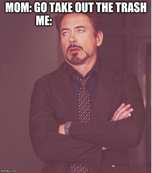 Face You Make Robert Downey Jr Meme | MOM: GO TAKE OUT THE TRASH
ME: | image tagged in memes,face you make robert downey jr | made w/ Imgflip meme maker