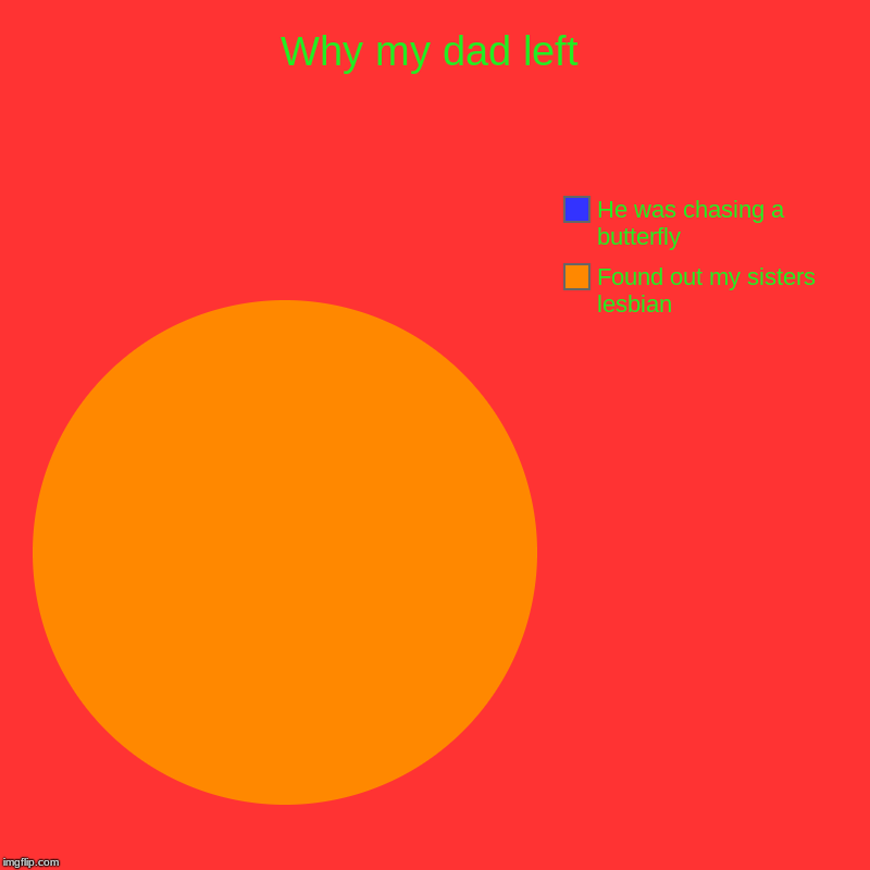 Why my dad left | Found out my sisters lesbian, He was chasing a butterfly | image tagged in charts,pie charts | made w/ Imgflip chart maker