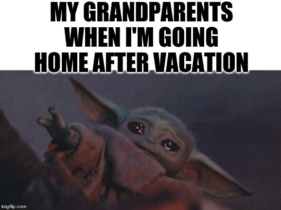Baby yoda cry | MY GRANDPARENTS WHEN I'M GOING HOME AFTER VACATION | image tagged in baby yoda cry | made w/ Imgflip meme maker