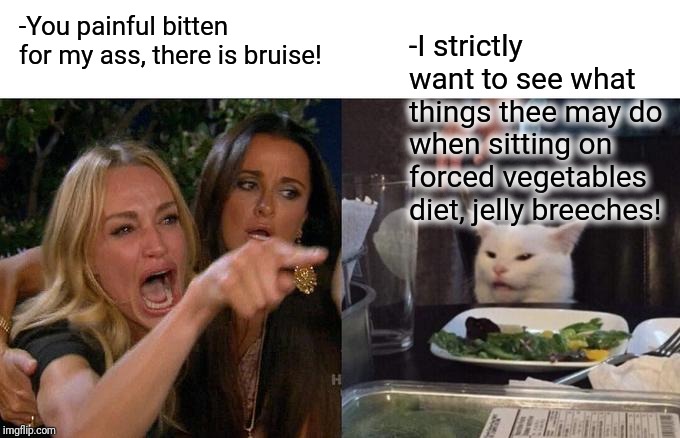 -When simple bite may turn into court case. | -You painful bitten for my ass, there is bruise! -I strictly want to see what things thee may do when sitting on forced vegetables diet, jelly breeches! | image tagged in memes,woman yelling at cat,cute cat,sexual harrassment,diets,beverly hillbillies | made w/ Imgflip meme maker