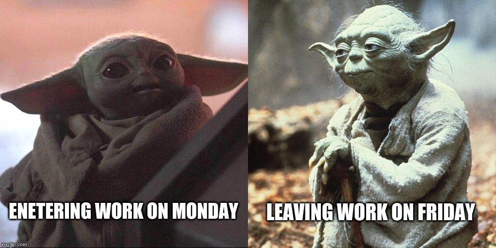 ENETERING WORK ON MONDAY; LEAVING WORK ON FRIDAY | image tagged in star wars yoda | made w/ Imgflip meme maker