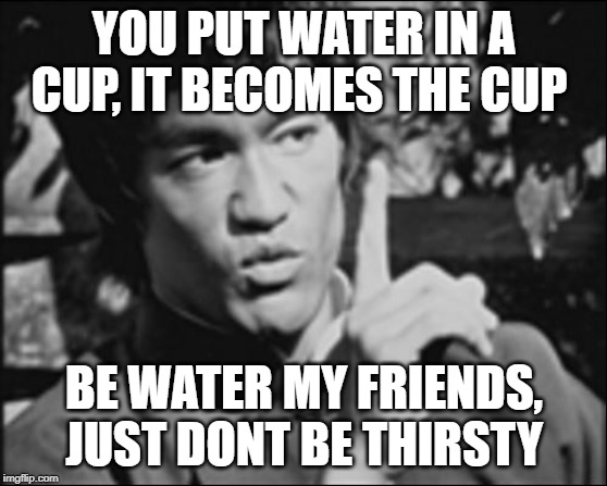 Be water my followers and YouTube Subs | YOU PUT WATER IN A CUP, IT BECOMES THE CUP; BE WATER MY FRIENDS, JUST DONT BE THIRSTY | image tagged in one bruce lee,water,philosophy | made w/ Imgflip meme maker
