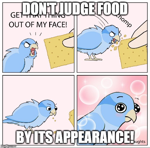 Bird Cracker | DON'T JUDGE FOOD; BY ITS APPEARANCE! | image tagged in bird cracker | made w/ Imgflip meme maker