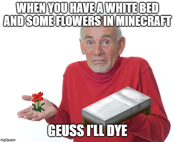 Geuss I'll just die then | WHEN YOU HAVE A WHITE BED AND SOME FLOWERS IN MINECRAFT; GEUSS I'LL DYE | image tagged in geuss i'll just die then | made w/ Imgflip meme maker