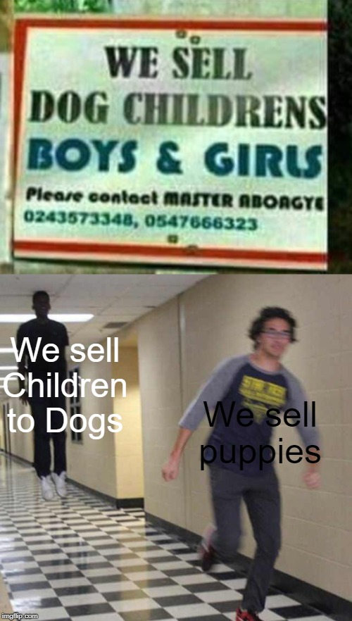 We sell Dog Children | We sell puppies; We sell Children to Dogs | image tagged in floating boy chasing running boy,misunderstanding,funny signs,slavery,dog,children | made w/ Imgflip meme maker