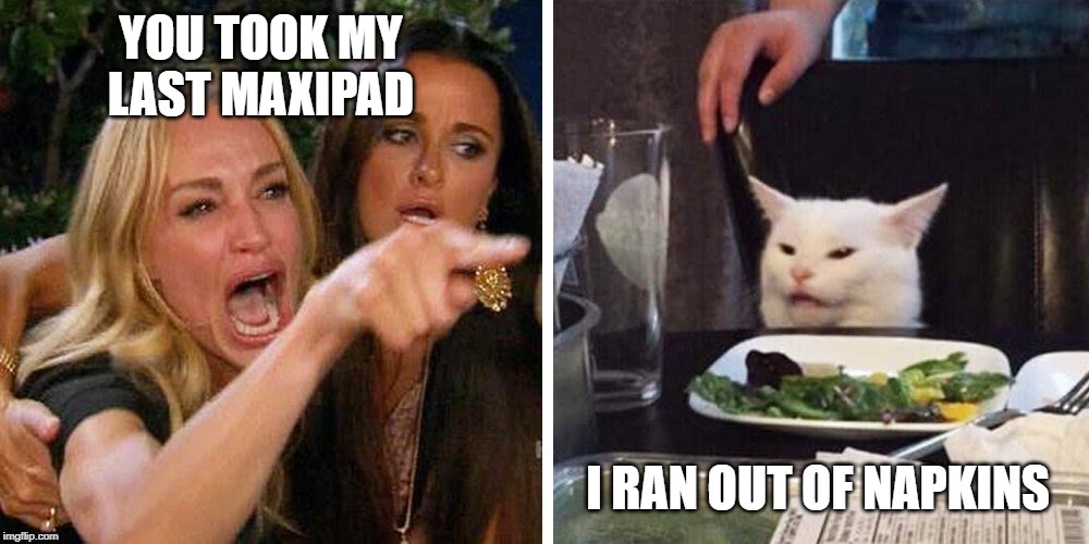 Smudge the cat | YOU TOOK MY LAST MAXIPAD; I RAN OUT OF NAPKINS | image tagged in smudge the cat | made w/ Imgflip meme maker