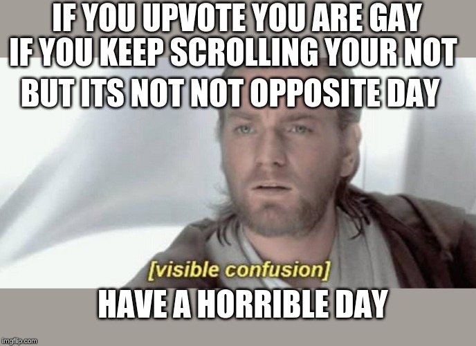 Visible Confusion | IF YOU UPVOTE YOU ARE GAY; IF YOU KEEP SCROLLING YOUR NOT; BUT ITS NOT NOT OPPOSITE DAY; HAVE A HORRIBLE DAY | image tagged in visible confusion | made w/ Imgflip meme maker