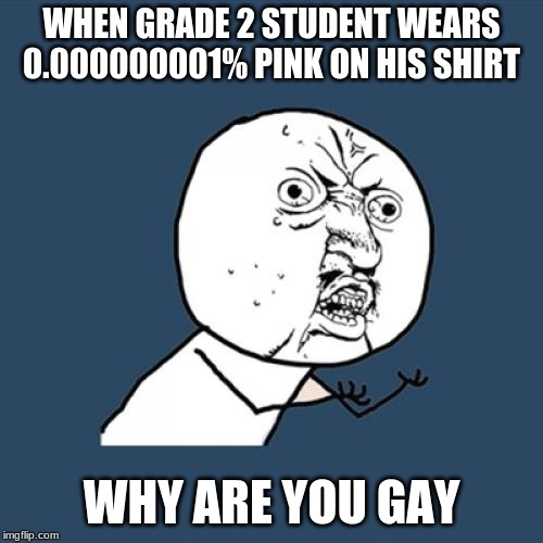 Y U No | WHEN GRADE 2 STUDENT WEARS 0.000000001% PINK ON HIS SHIRT; WHY ARE YOU GAY | image tagged in memes,y u no | made w/ Imgflip meme maker