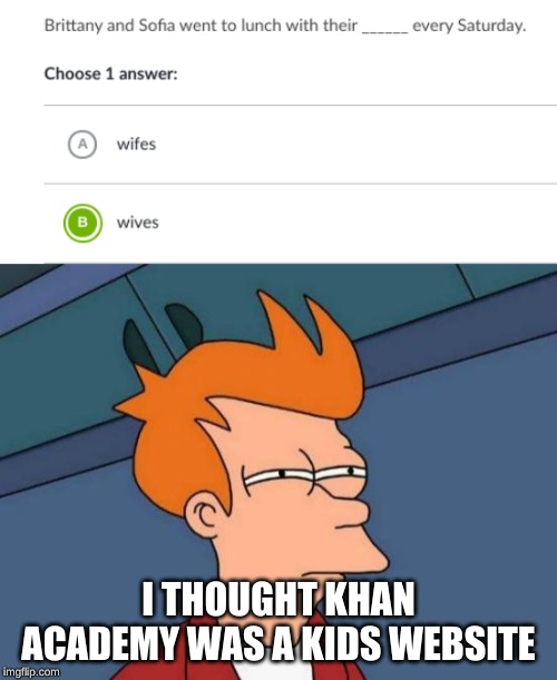 I THOUGHT KHAN ACADEMY WAS A KIDS WEBSITE | image tagged in memes,futurama fry | made w/ Imgflip meme maker