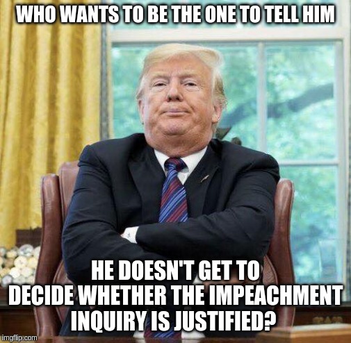 Figureless powerhead! #impotus | WHO WANTS TO BE THE ONE TO TELL HIM; HE DOESN'T GET TO DECIDE WHETHER THE IMPEACHMENT INQUIRY IS JUSTIFIED? | image tagged in trump being childishly petulant,memes,politics | made w/ Imgflip meme maker