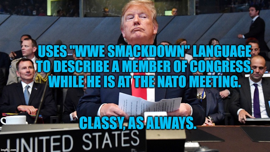 Trump at NATO | USES "WWE SMACKDOWN" LANGUAGE TO DESCRIBE A MEMBER OF CONGRESS, WHILE HE IS AT THE NATO MEETING. CLASSY, AS ALWAYS. | image tagged in politics | made w/ Imgflip meme maker