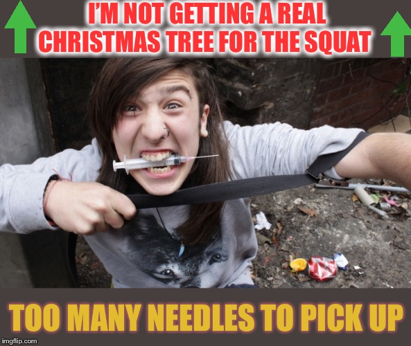 Never mind the smell. | I’M NOT GETTING A REAL CHRISTMAS TREE FOR THE SQUAT; TOO MANY NEEDLES TO PICK UP | image tagged in sad sad junky,christmas tree,addiction,messy,drugs | made w/ Imgflip meme maker