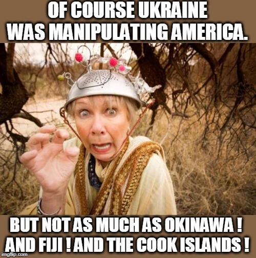 And Paraguay. Don't forget Paraguay. | OF COURSE UKRAINE WAS MANIPULATING AMERICA. BUT NOT AS MUCH AS OKINAWA ! 
AND FIJI ! AND THE COOK ISLANDS ! | image tagged in crackpot conspiracy theorist,ukraine,2016 election,crackpot,conspiracy theories | made w/ Imgflip meme maker