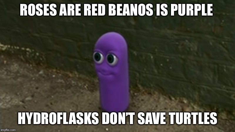 beanos | ROSES ARE RED BEANOS IS PURPLE; HYDROFLASKS DON’T SAVE TURTLES | image tagged in beanos | made w/ Imgflip meme maker