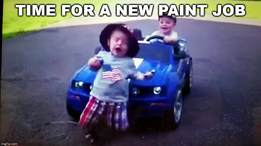 Ran over , baby run over , mustang , curb kill | TIME FOR A NEW PAINT JOB | image tagged in ran over  baby run over  mustang  curb kill | made w/ Imgflip meme maker