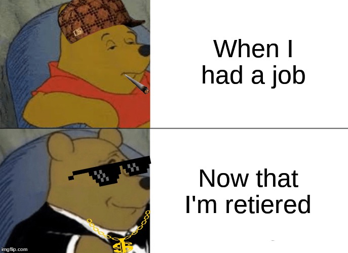 Tuxedo Winnie The Pooh Meme | When I had a job; Now that I'm retiered | image tagged in memes,tuxedo winnie the pooh | made w/ Imgflip meme maker