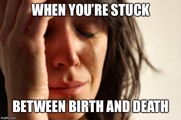 First World Problems Meme | WHEN YOU’RE STUCK; BETWEEN BIRTH AND DEATH | image tagged in memes,first world problems | made w/ Imgflip meme maker