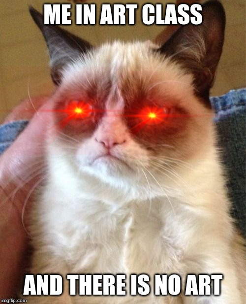 Grumpy Cat | ME IN ART CLASS; AND THERE IS NO ART | image tagged in memes,grumpy cat | made w/ Imgflip meme maker