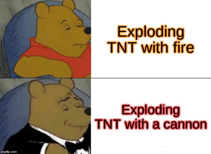 Tuxedo Winnie The Pooh Meme | Exploding TNT with fire; Exploding TNT with a cannon | image tagged in memes,tuxedo winnie the pooh | made w/ Imgflip meme maker