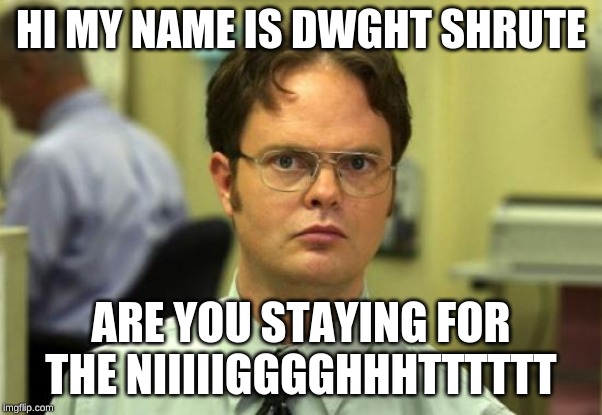 Dwight Schrute | HI MY NAME IS DWGHT SHRUTE; ARE YOU STAYING FOR THE NIIIIIGGGGHHHTTTTTT | image tagged in memes,dwight schrute | made w/ Imgflip meme maker