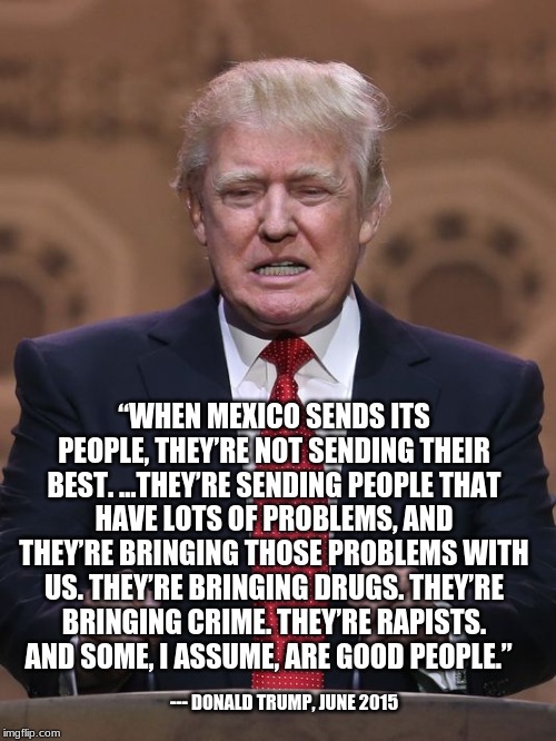 Donald Trump | --- DONALD TRUMP, JUNE 2015 “WHEN MEXICO SENDS ITS PEOPLE, THEY’RE NOT SENDING THEIR BEST. …THEY’RE SENDING PEOPLE THAT HAVE LOTS OF PROBLEM | image tagged in donald trump | made w/ Imgflip meme maker