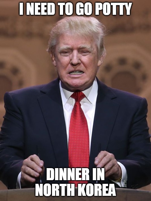 Donald Trump | I NEED TO GO POTTY; DINNER IN NORTH KOREA | image tagged in donald trump | made w/ Imgflip meme maker