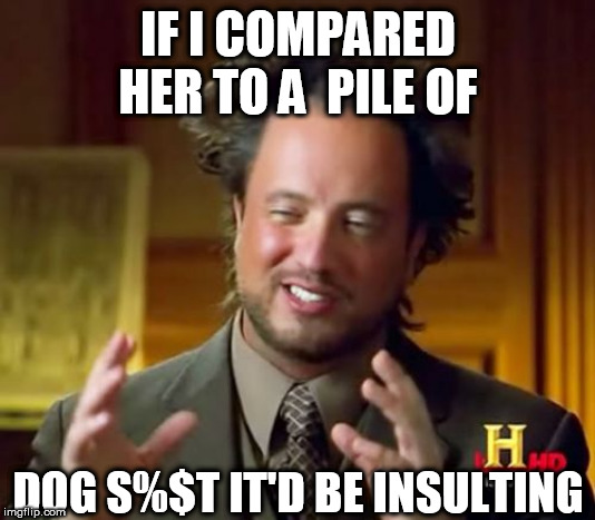 Ancient Aliens Meme | IF I COMPARED HER TO A  PILE OF DOG S%$T IT'D BE INSULTING | image tagged in memes,ancient aliens | made w/ Imgflip meme maker