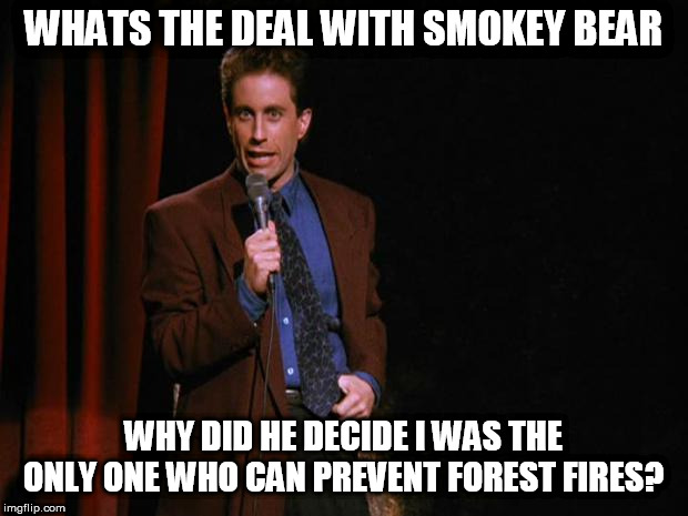 Seinfeld | WHATS THE DEAL WITH SMOKEY BEAR; WHY DID HE DECIDE I WAS THE ONLY ONE WHO CAN PREVENT FOREST FIRES? | image tagged in seinfeld | made w/ Imgflip meme maker