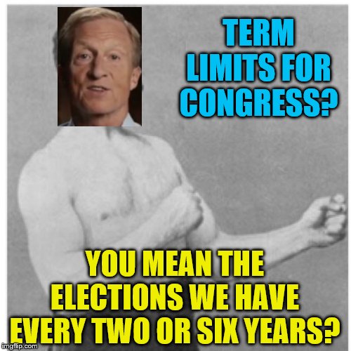 If you want to make congress afraid, make it so the people, not congress, vote for whether or not they get a raise! | TERM LIMITS FOR CONGRESS? YOU MEAN THE ELECTIONS WE HAVE EVERY TWO OR SIX YEARS? | image tagged in memes,overly manly man,tom steyer,political meme,congress | made w/ Imgflip meme maker