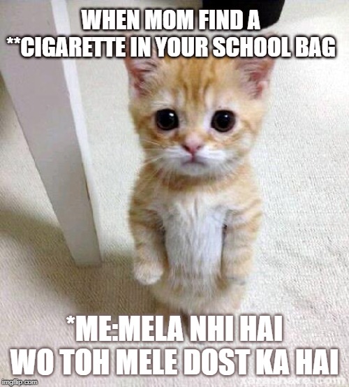 Cute Cat Meme | WHEN MOM FIND A **CIGARETTE IN YOUR SCHOOL BAG; *ME:MELA NHI HAI WO TOH MELE DOST KA HAI | image tagged in memes,cute cat | made w/ Imgflip meme maker