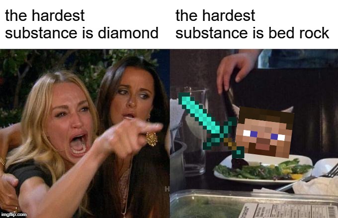 the hardest substance | the hardest substance is diamond; the hardest substance is bed rock | image tagged in memes,woman yelling at cat,minecraft,steve,diamonds | made w/ Imgflip meme maker