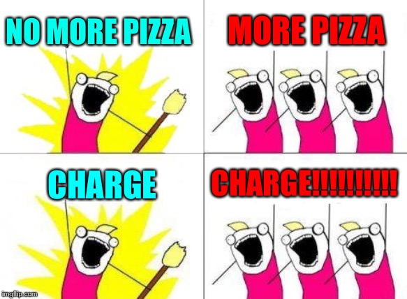 What Do We Want Meme | NO MORE PIZZA; MORE PIZZA; CHARGE; CHARGE!!!!!!!!!! | image tagged in memes,what do we want | made w/ Imgflip meme maker