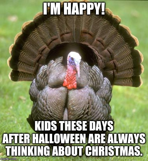 I'm Happy! | I'M HAPPY! KIDS THESE DAYS AFTER HALLOWEEN ARE ALWAYS THINKING ABOUT CHRISTMAS. | image tagged in memes,turkey,moar memes,even moar memes,extrmemed | made w/ Imgflip meme maker